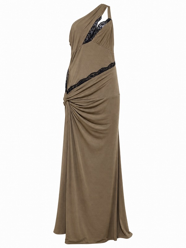 【新品DRESS 1619】アシンメトリーバストカットレース切替ワンショルロングドレス ブラウン【KAREN MILLEN】